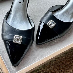 Brighton Black Leather ‘Yolo’ Squared Jewel Accent 3” Heeled Shoes / Pump, 8.5M